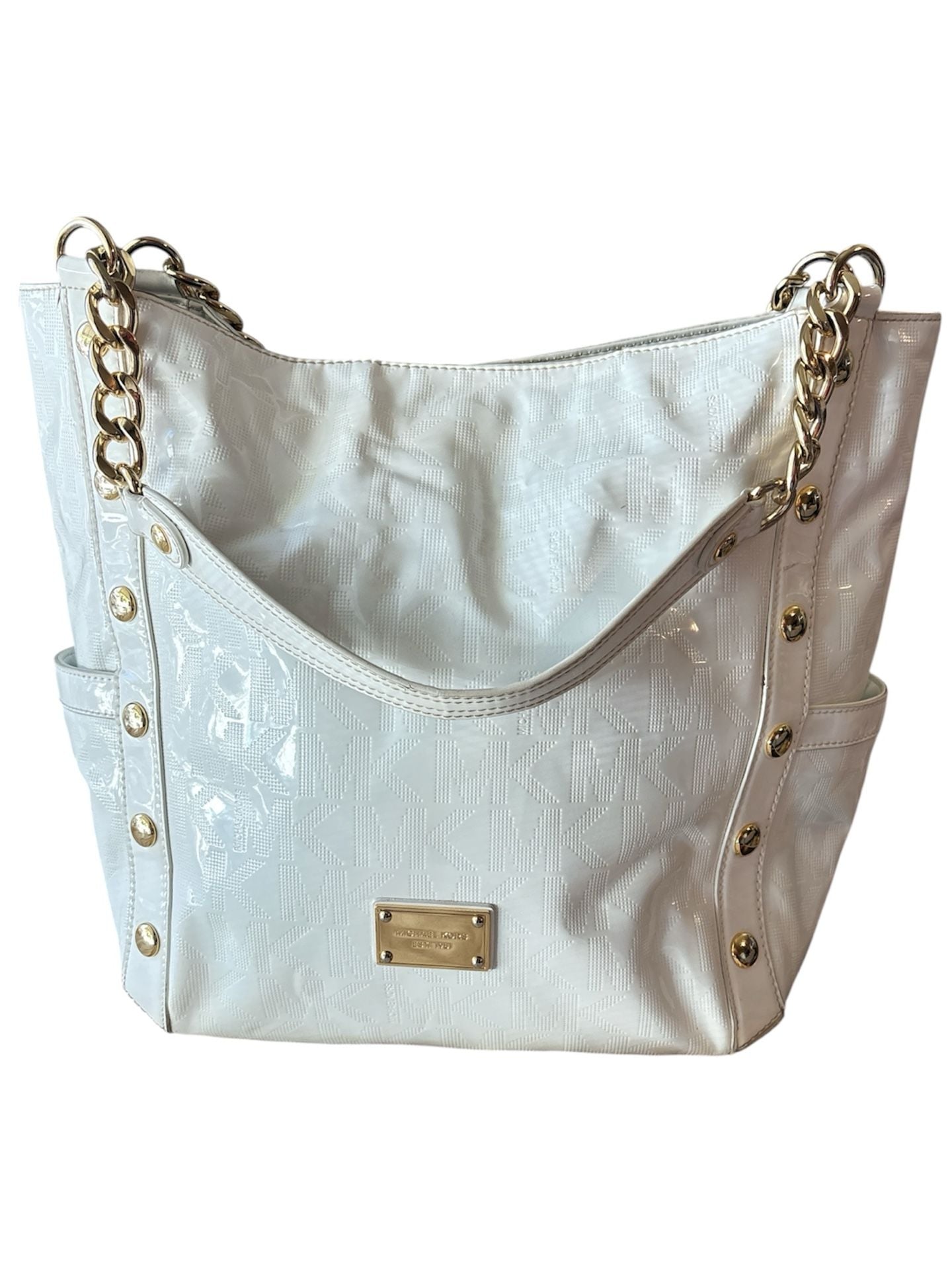 Michael Kors Logo Embossed Patent Leather Shoulder Tote Bag With Gold Tone Hardw